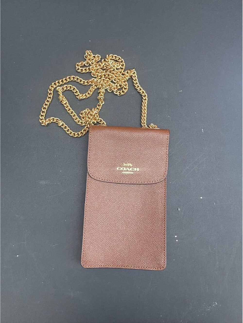 Coach EUC Brown Leather Phone Crossbody Bag with Gold Chain